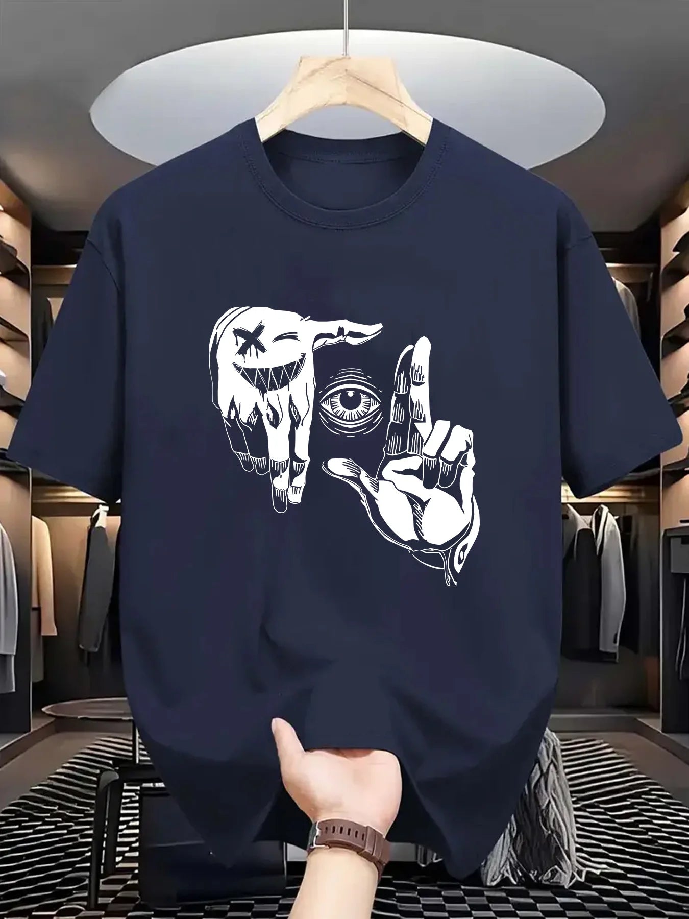r men's 100% pure cotton casual loose plus size gesture eye personalized pattern printed round neck short sleeved T-shirt