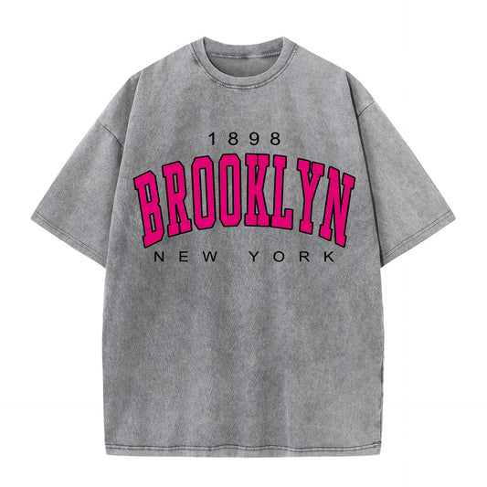 Womans Cotton Washed T-Shirts Fashion Loose O-Neck Short Sleeve Brooklyn New York Printing Tops Female Clothes