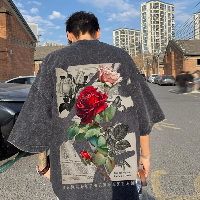 Gothic T-Shirt for Men Vintage Rose Graphic Short Sleeve Tee Tops Street Men Women Clothing