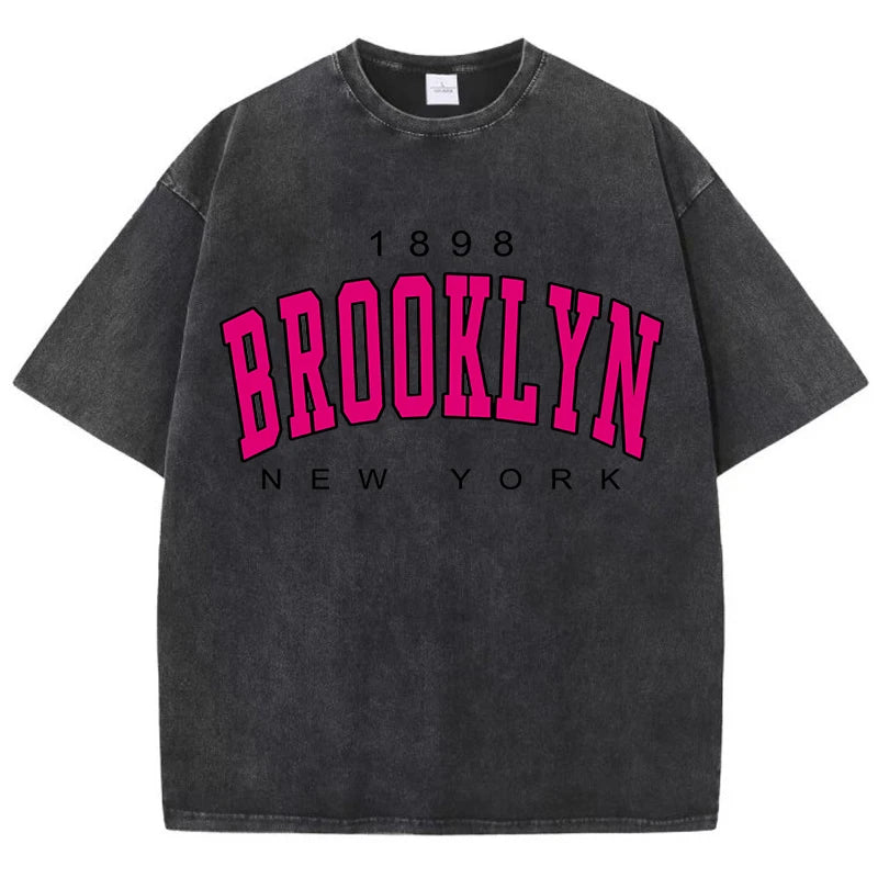 Womans Cotton Washed T-Shirts Fashion Loose O-Neck Short Sleeve Brooklyn New York Printing Tops Female Clothes