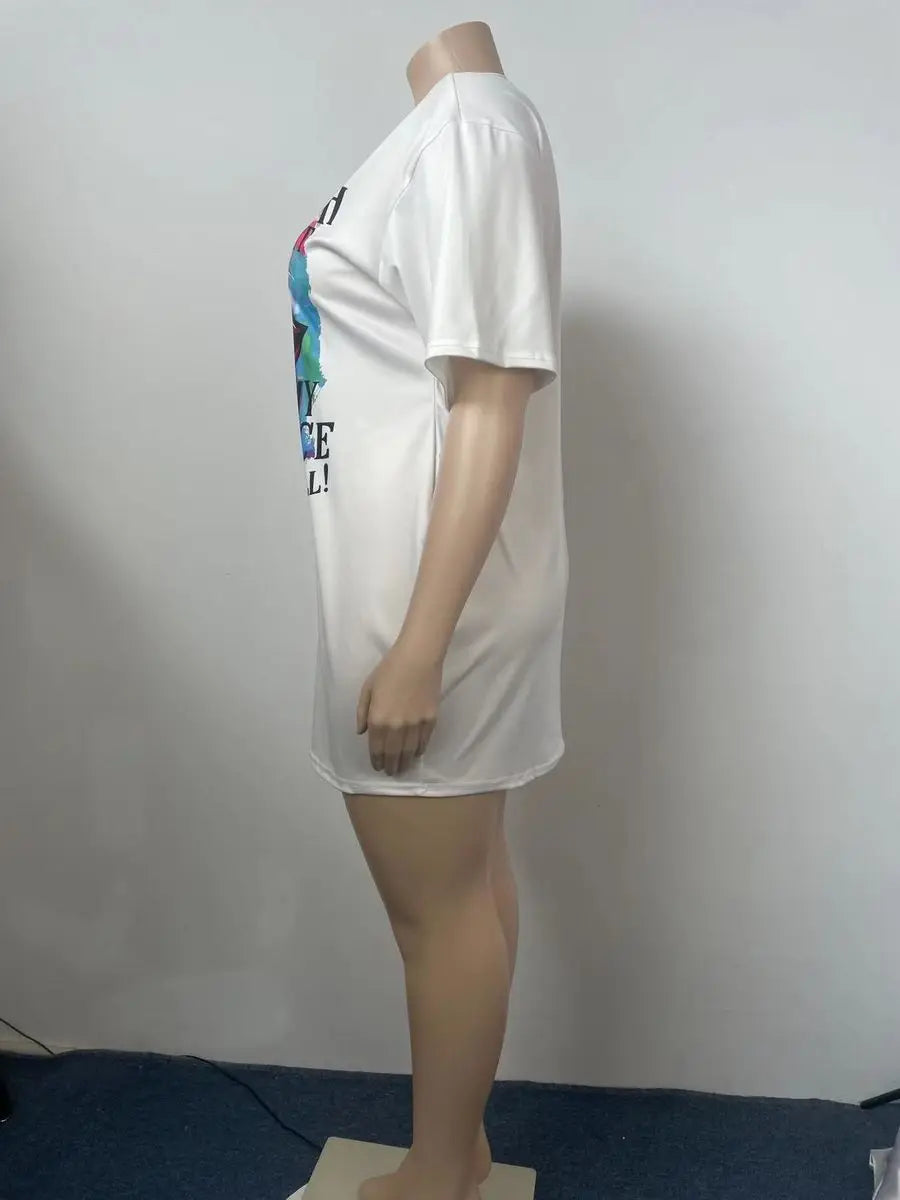 Women's fashion loose plus size letter lip print printed short sleeved T-shirt dress