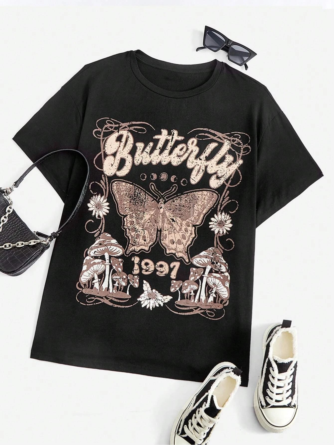 Oversized Butterfly Pattern T-shirt, Women's Black Round Neck Short Sleeve Casual Loose Comfort T-Shirt