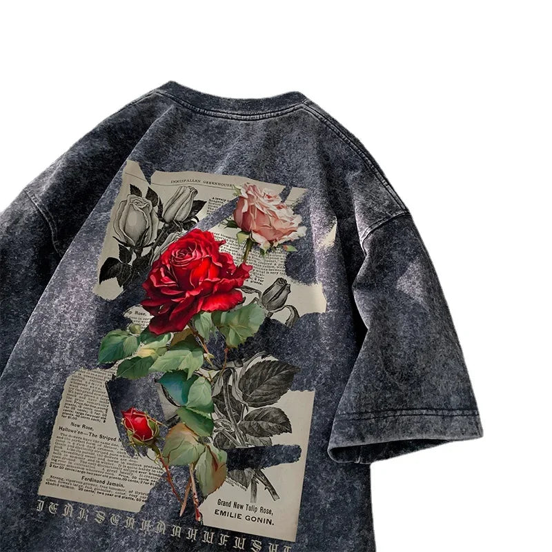Gothic T-Shirt for Men Vintage Rose Graphic Short Sleeve Tee Tops Street Men Women Clothing