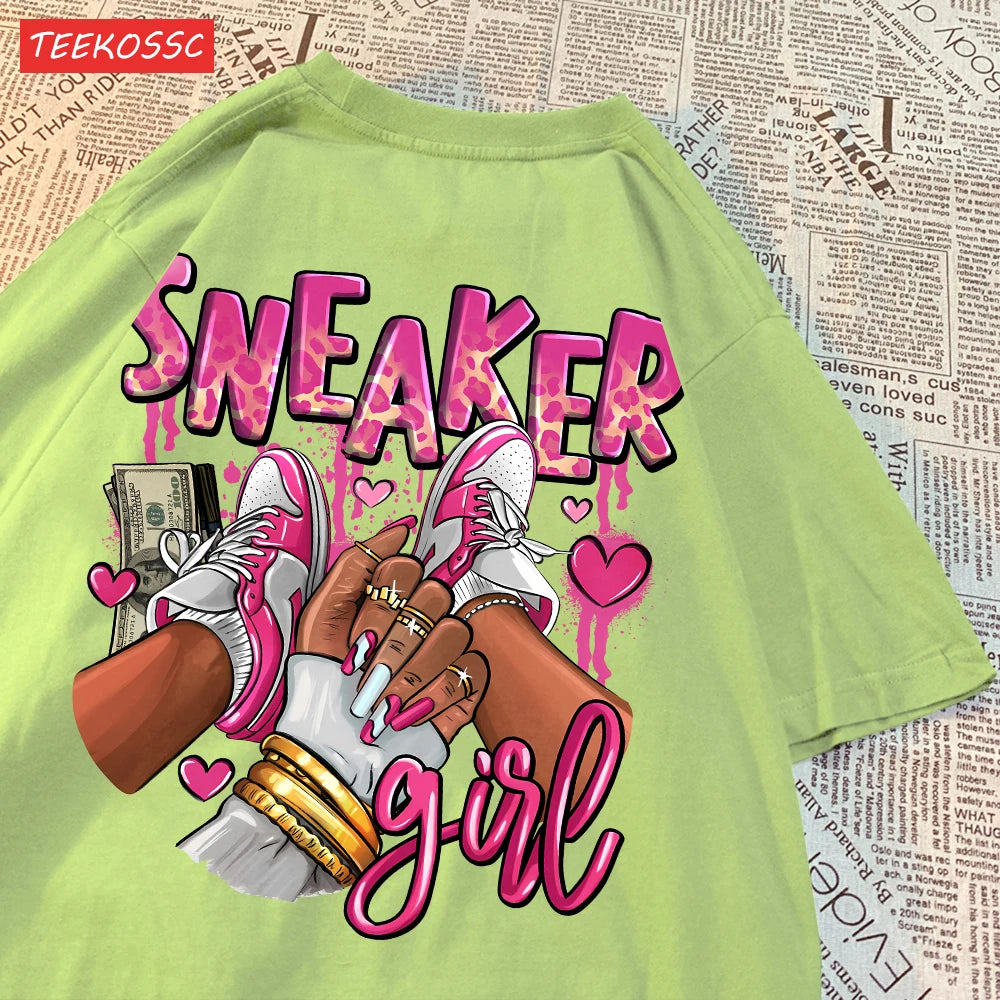 Womens T-Shirts Pink Sneaker Girl Prints Short Sleeve O-Neck Oversize Breathable Fashion Female Clothes