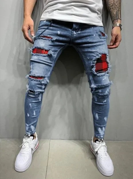 Jeans Pencil Pants Holes Distressed Men Streetwear Denims Mid Waist Slim Fit Washed Denim Ankle Length