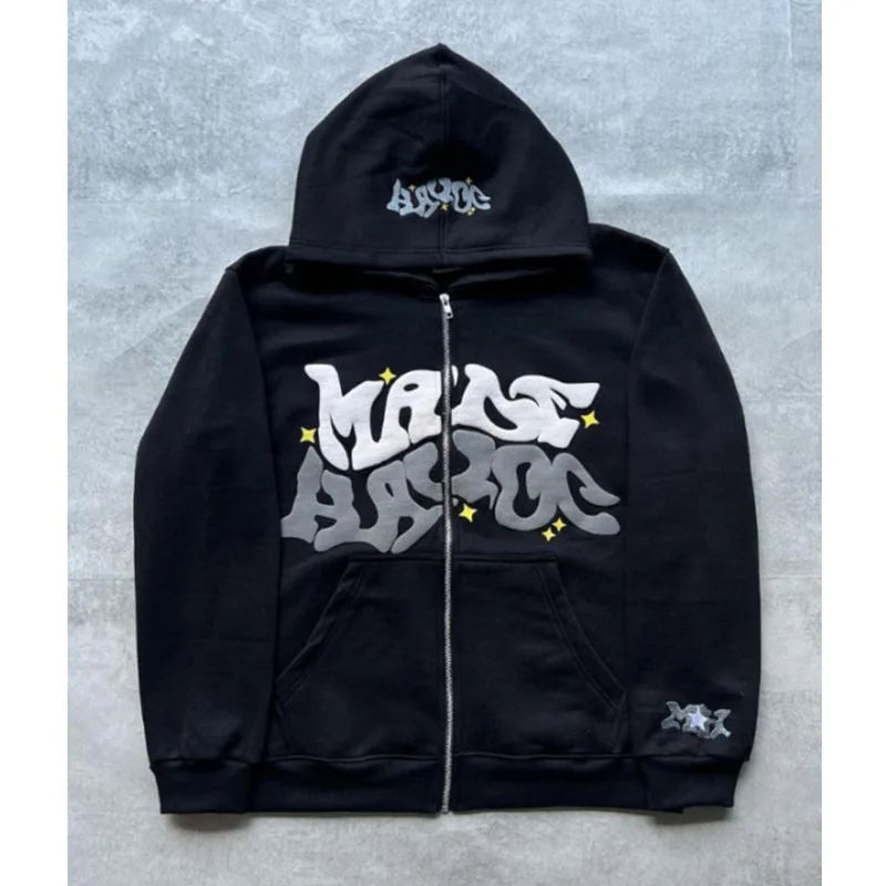 Y2k American Colorful Letter Print Zipper Hoodie Men Fashion High Street Oversized Sweatshirt Women Retro Casual Jacket