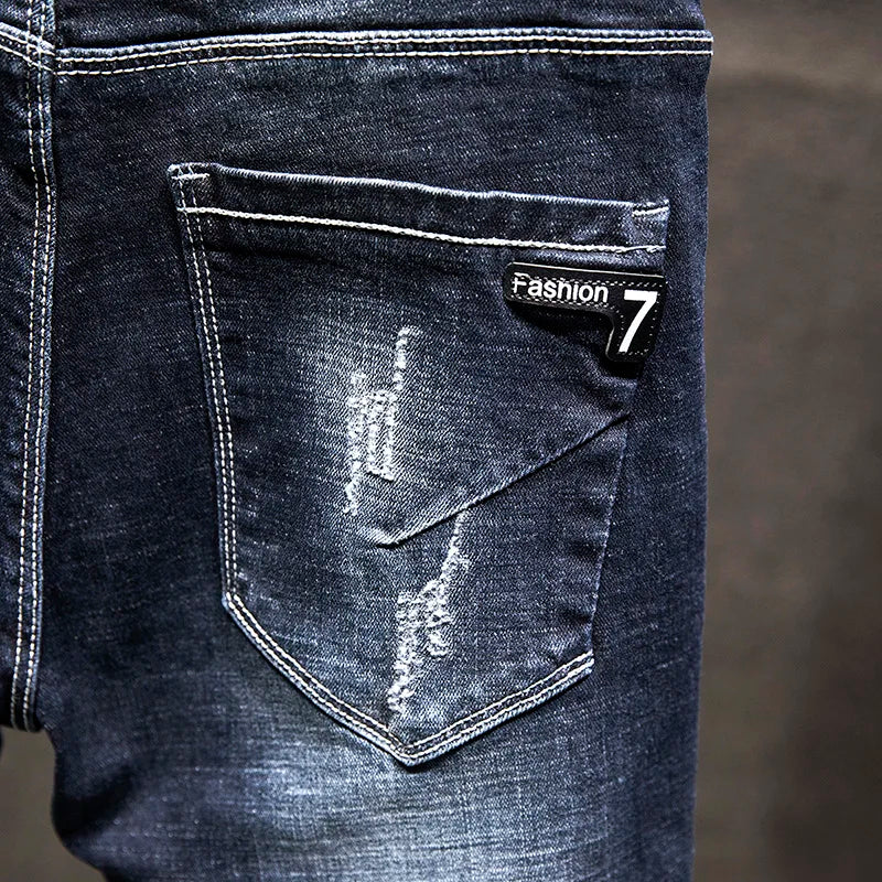 Ripped Jeans Men Slim-fit Denim Pants Fashion Elasticity Versatile Blue Black Men's Clothing
