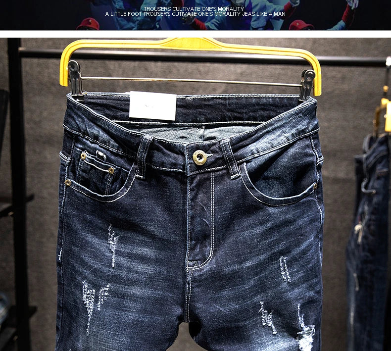 Ripped Jeans Men Slim-fit Denim Pants Fashion Elasticity Versatile Blue Black Men's Clothing