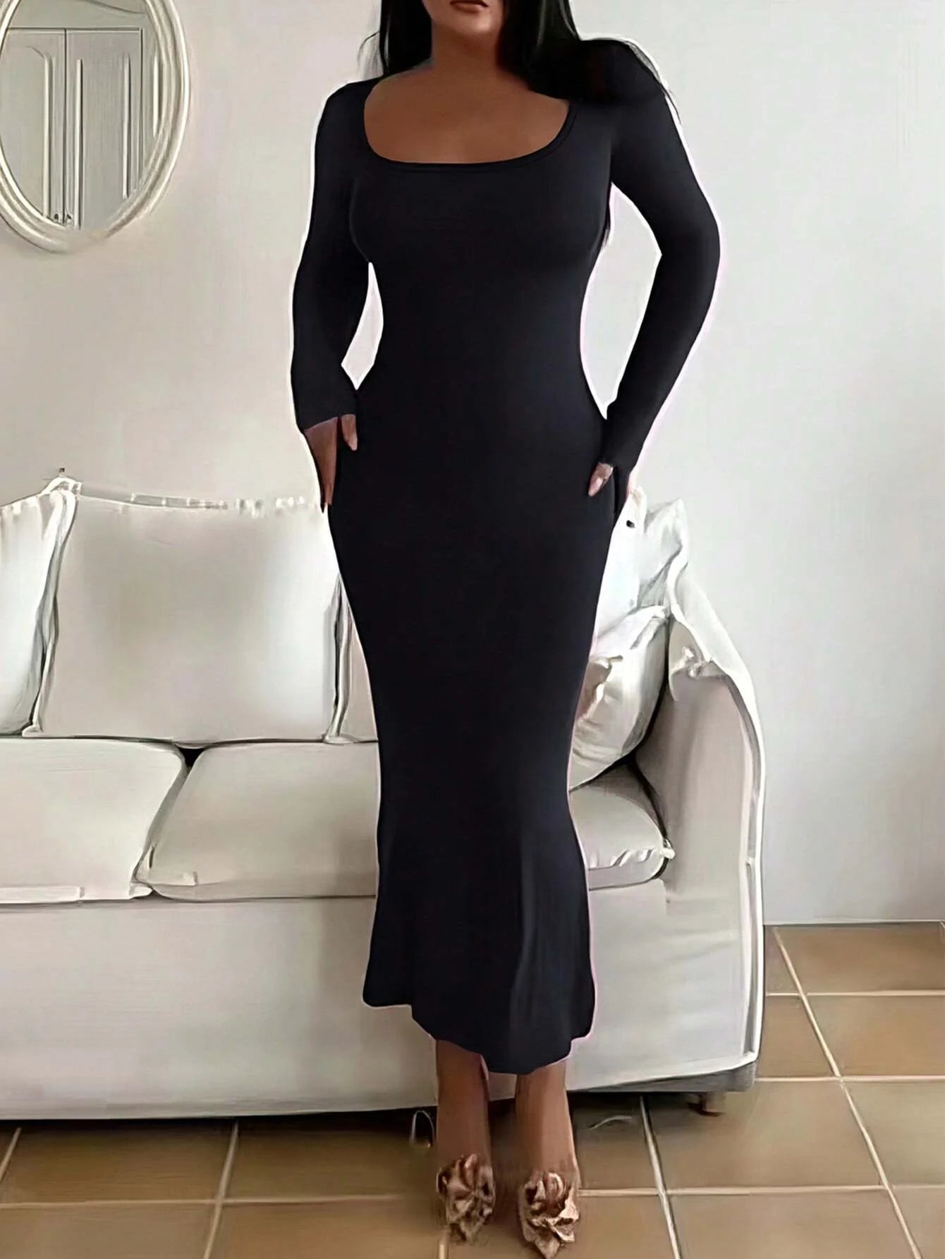 Women's Solid Long Sleeve Dress, Basic Minimalist Causual Fashion Scoop Neck Long Dress, Womenswear