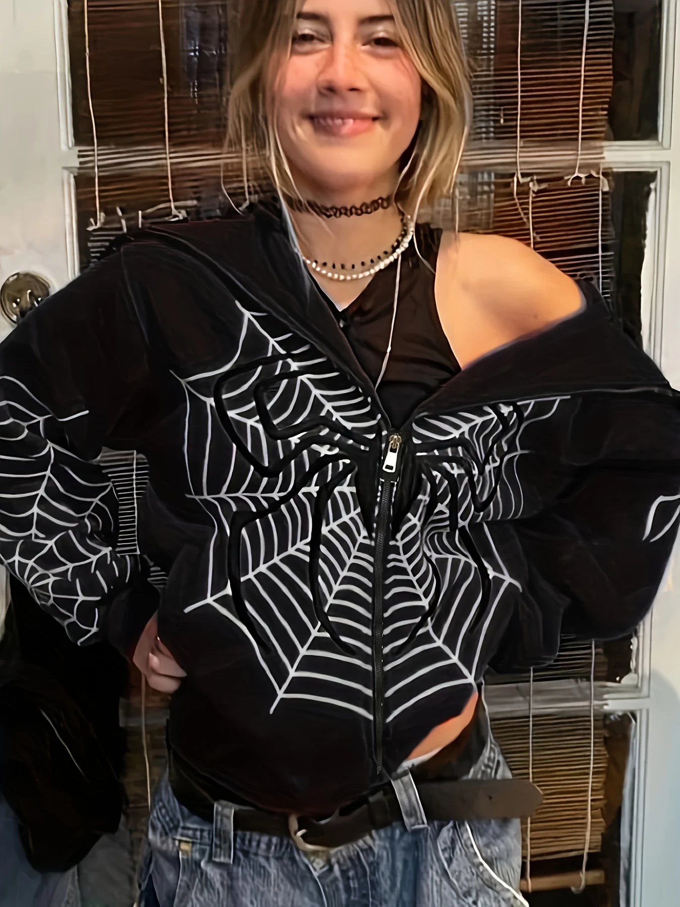 Cross Border Spider Web Zipper Sweater Women's Casual Trendy Hoodie