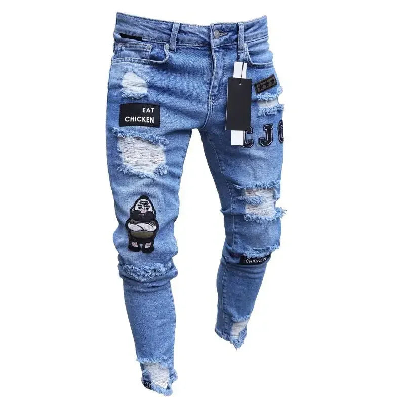 Plus Size Pants Men Skinny Ripped Hole Patchwork Jeans Slim Pencil Denim Streetwear Men's