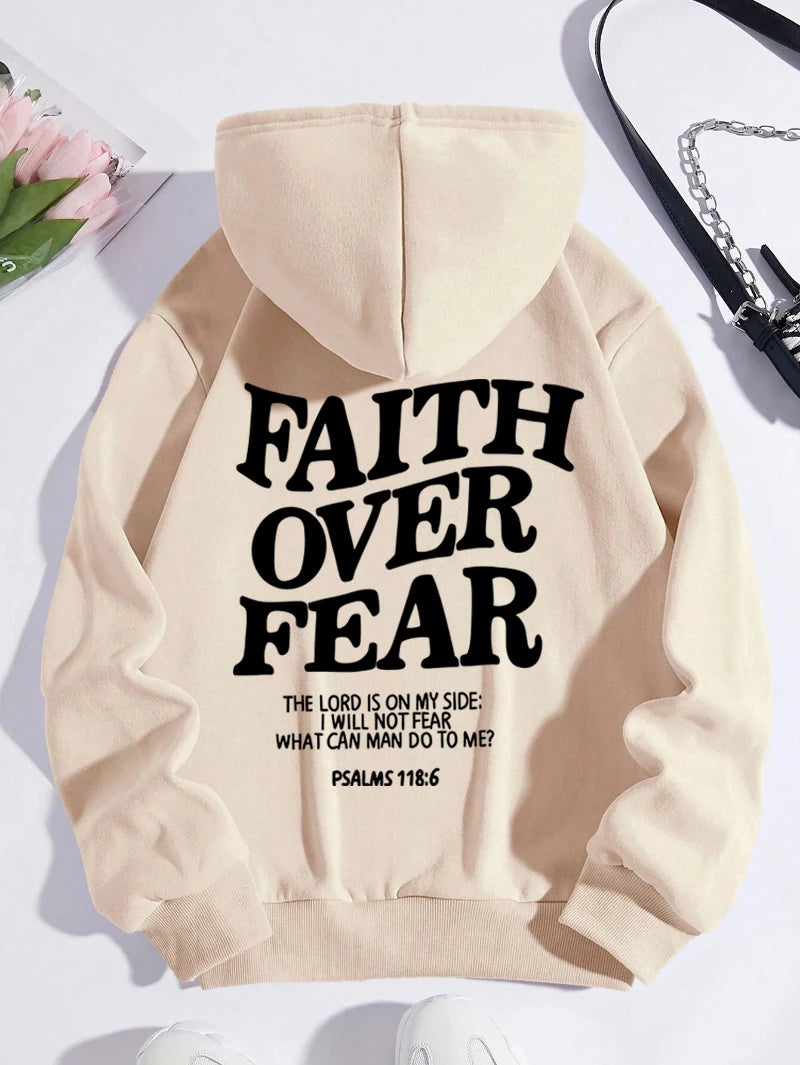 Casual Women's Hoodies Faith Over Fear Letter Printing Sweatshirts Fleece Warm Comfortable Pocket Streetwear
