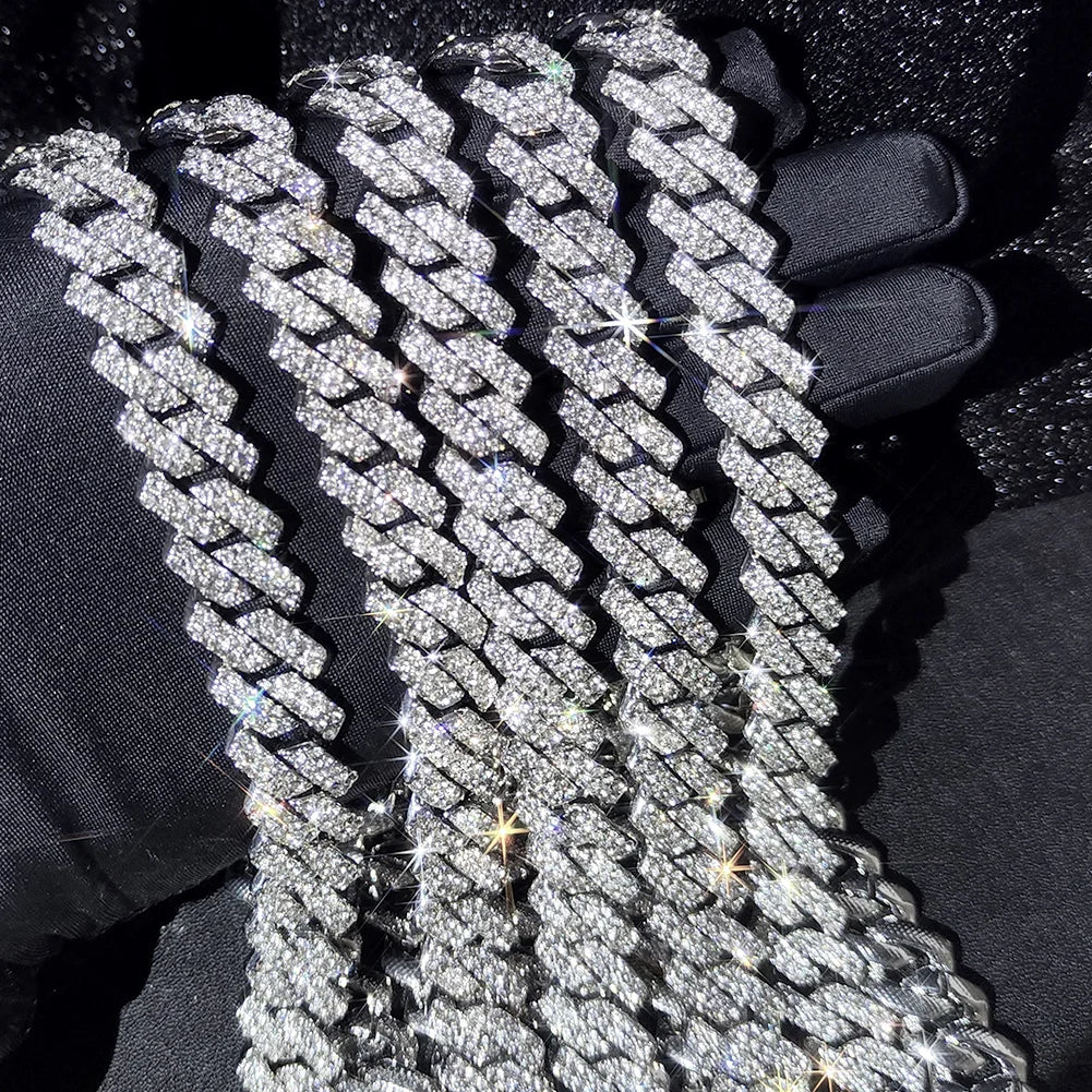Silver Color 14mm Prong Miami Cuban Link Chain For Women Iced Out 2 Row Rhinestones Square Cuban Link Choker