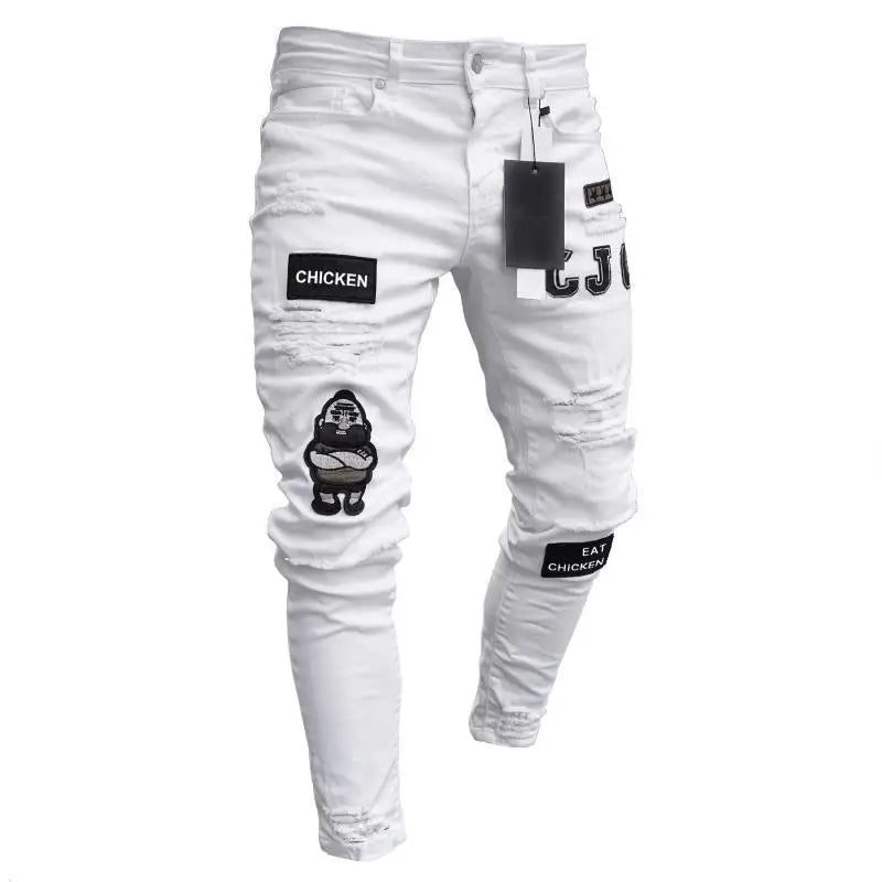 Plus Size Pants Men Skinny Ripped Hole Patchwork Jeans Slim Pencil Denim Streetwear Men's