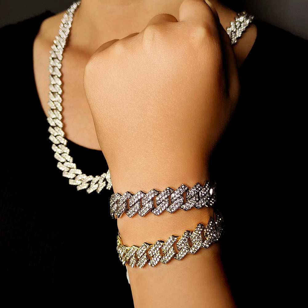 Silver Color 14mm Prong Miami Cuban Link Chain For Women Iced Out 2 Row Rhinestones Square Cuban Link Choker