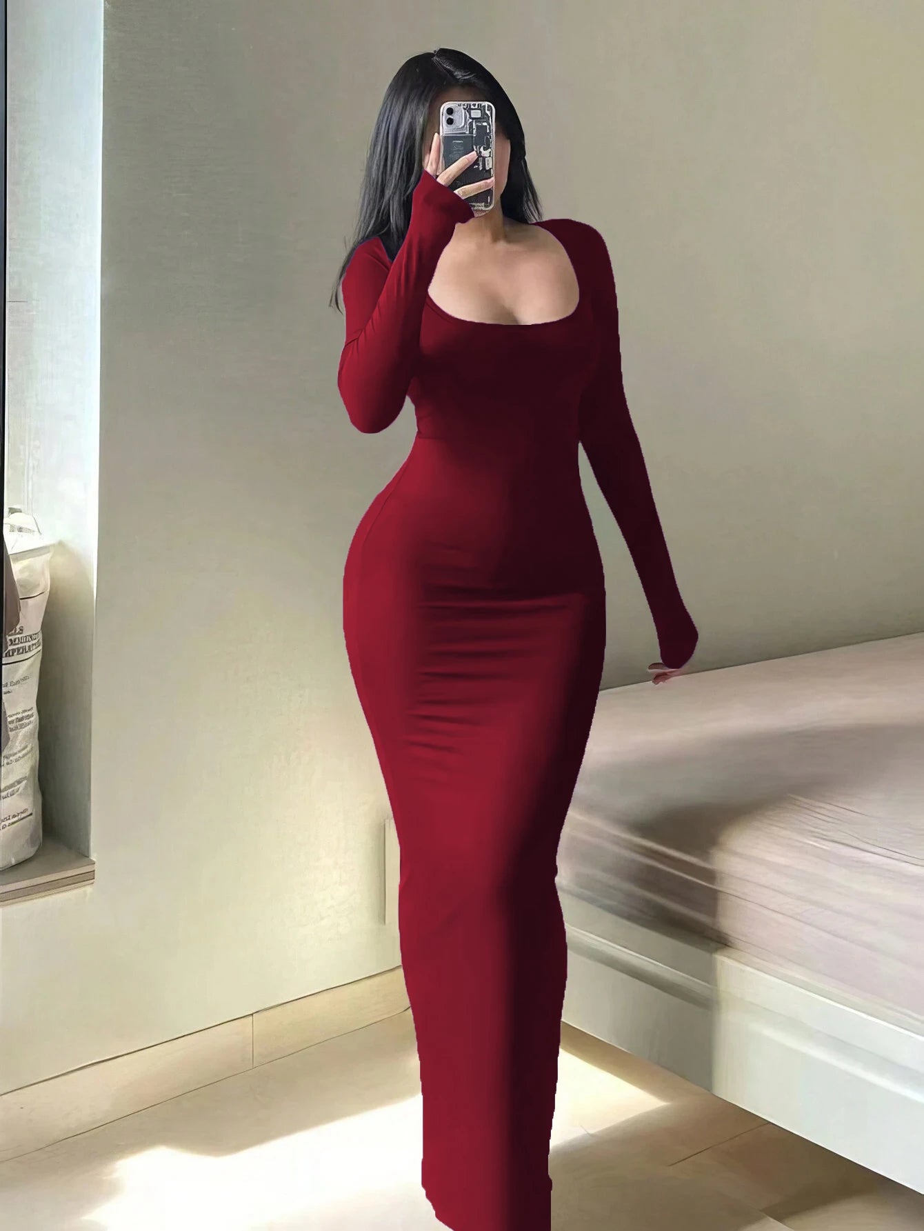 Women's Solid Long Sleeve Dress, Basic Minimalist Causual Fashion Scoop Neck Long Dress, Womenswear