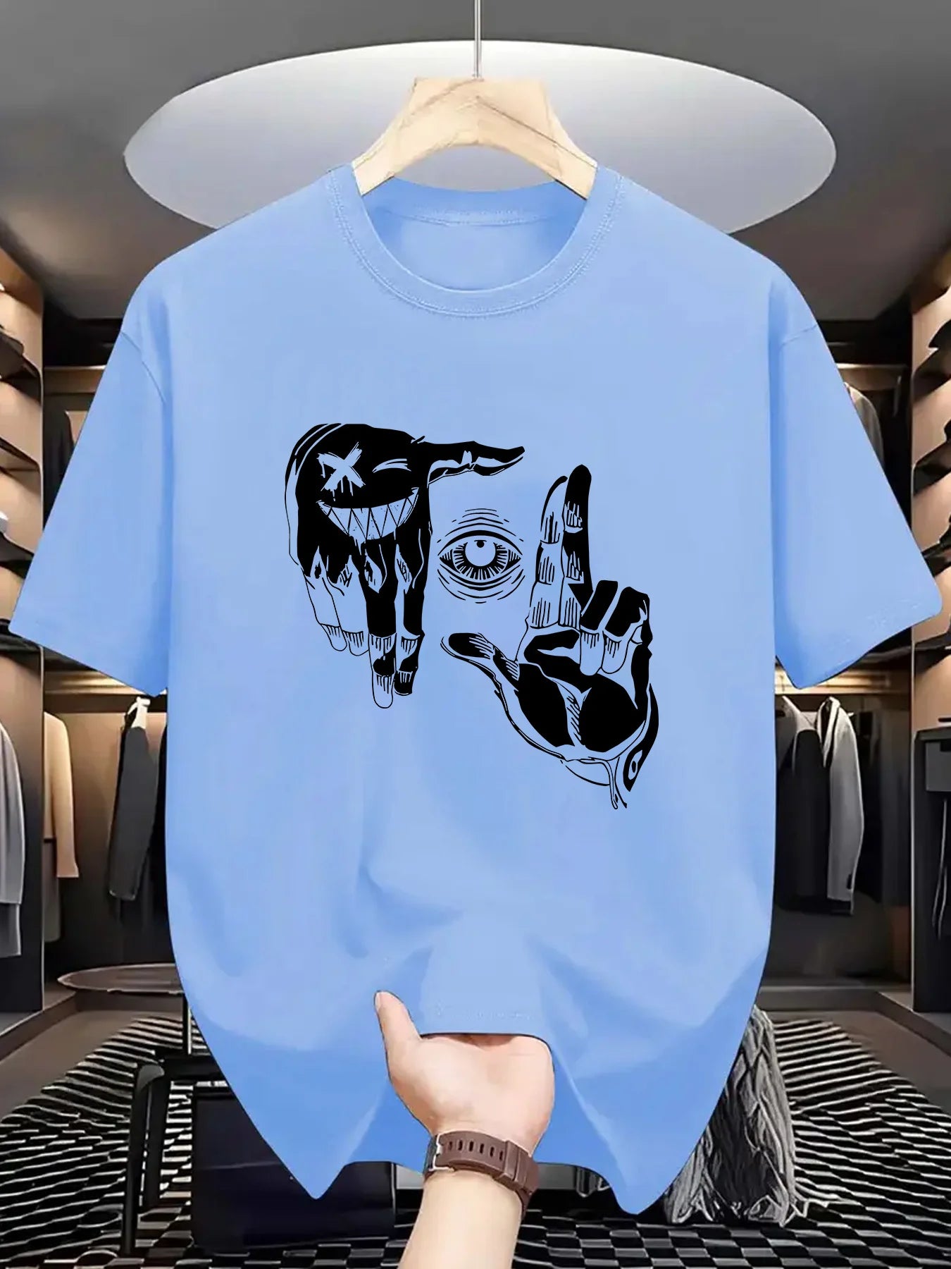 r men's 100% pure cotton casual loose plus size gesture eye personalized pattern printed round neck short sleeved T-shirt