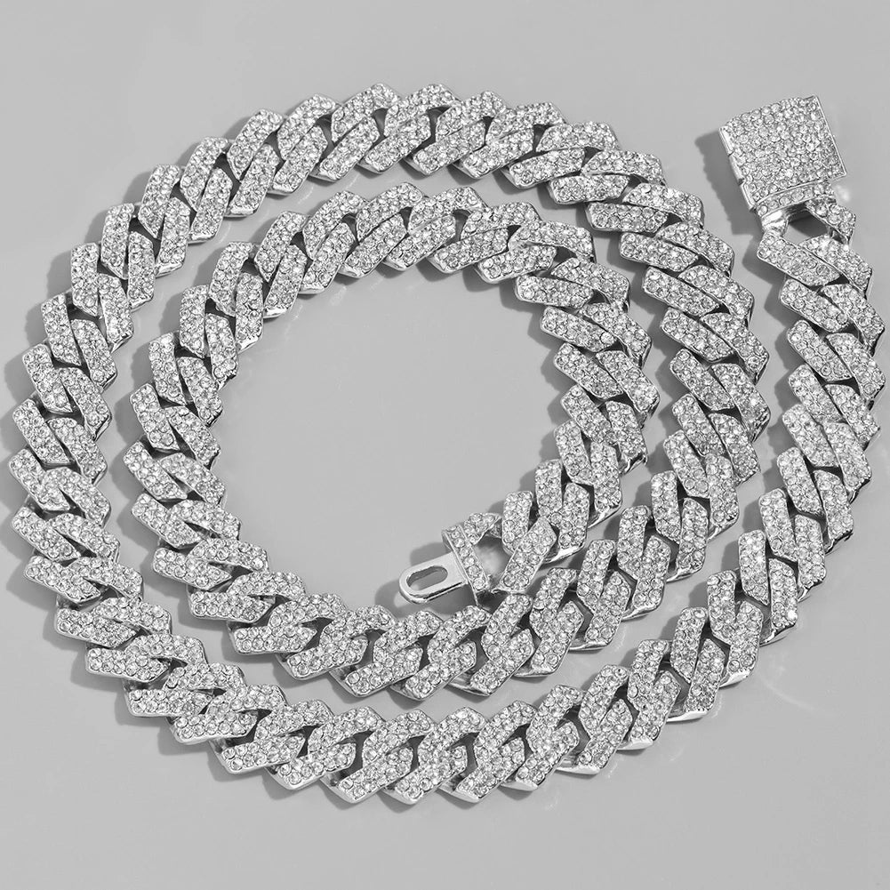 Silver Color 14mm Prong Miami Cuban Link Chain For Women Iced Out 2 Row Rhinestones Square Cuban Link Choker