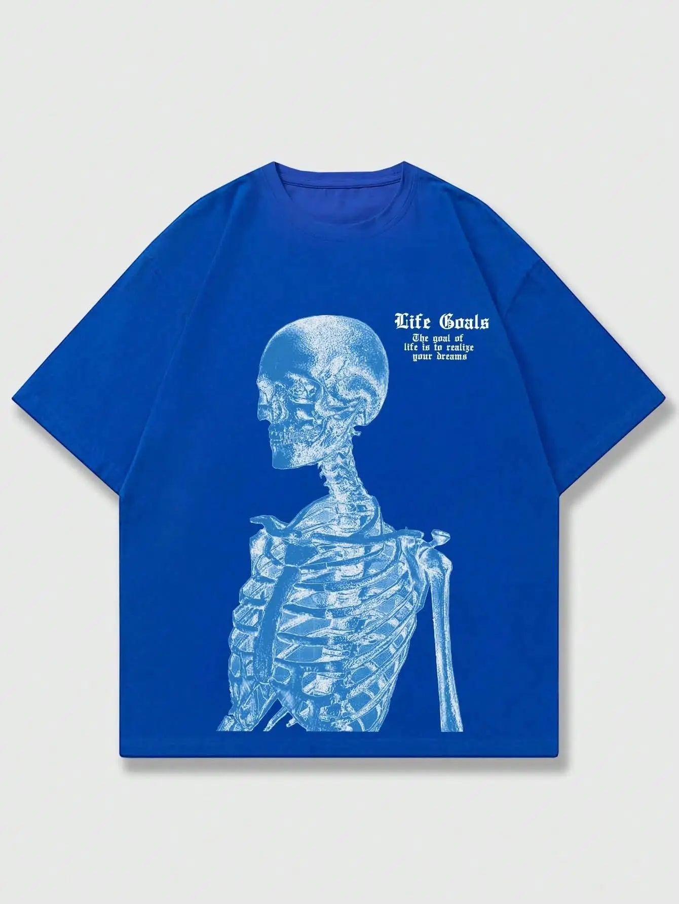 Blue Skeleton Man Life Goals Letter Printing O-Neck Cotton Tops Street Fashion Tees Loose Soft Clothes