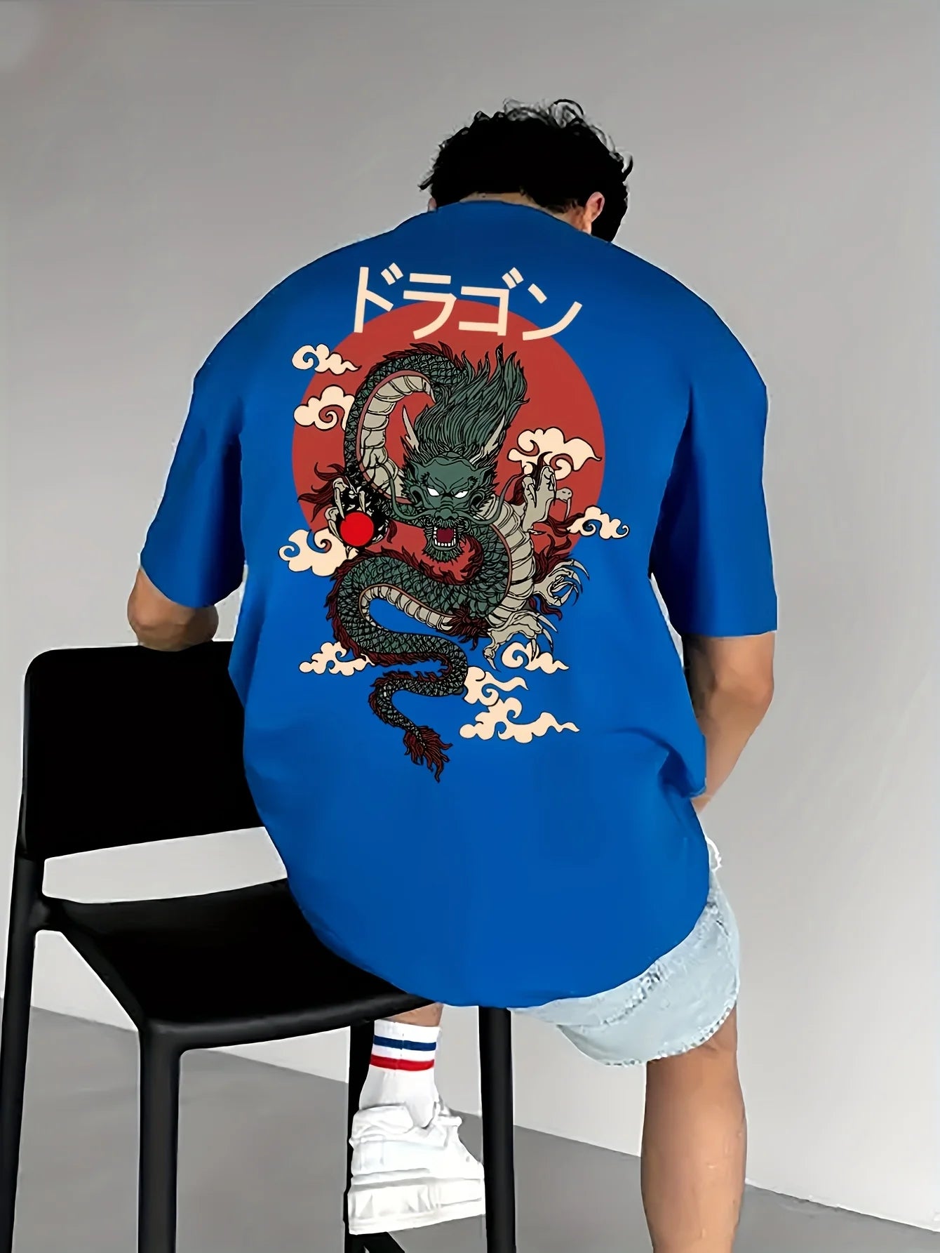 Men's Cotton Fashionable Casual Loose Japanese Anime Dragon Pattern Printed Round Neck Short Sleeve T-shirt Top
