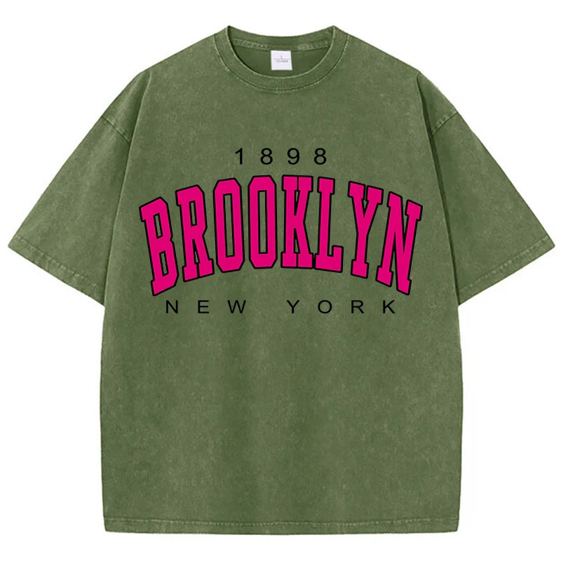 Womans Cotton Washed T-Shirts Fashion Loose O-Neck Short Sleeve Brooklyn New York Printing Tops Female Clothes