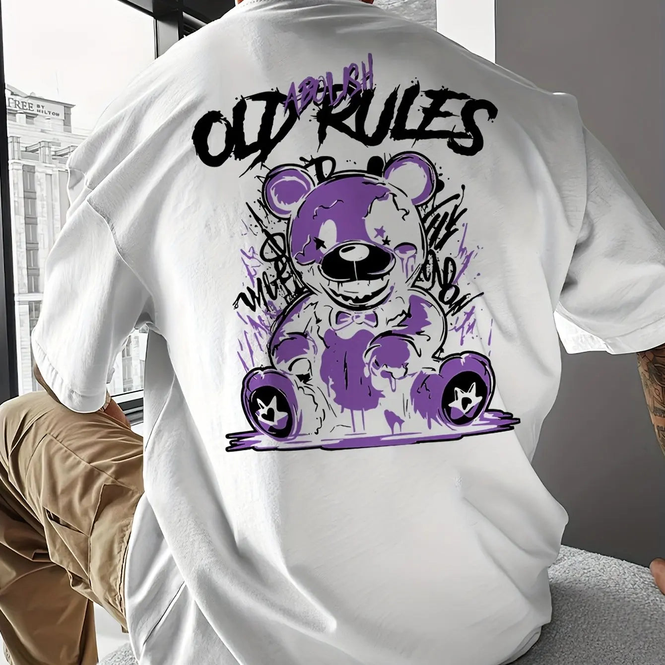Men's Cotton Fashionable Casual Loose Large Cartoon Bear Pattern Printed Round Neck Short Sleeve T-shirt Top
