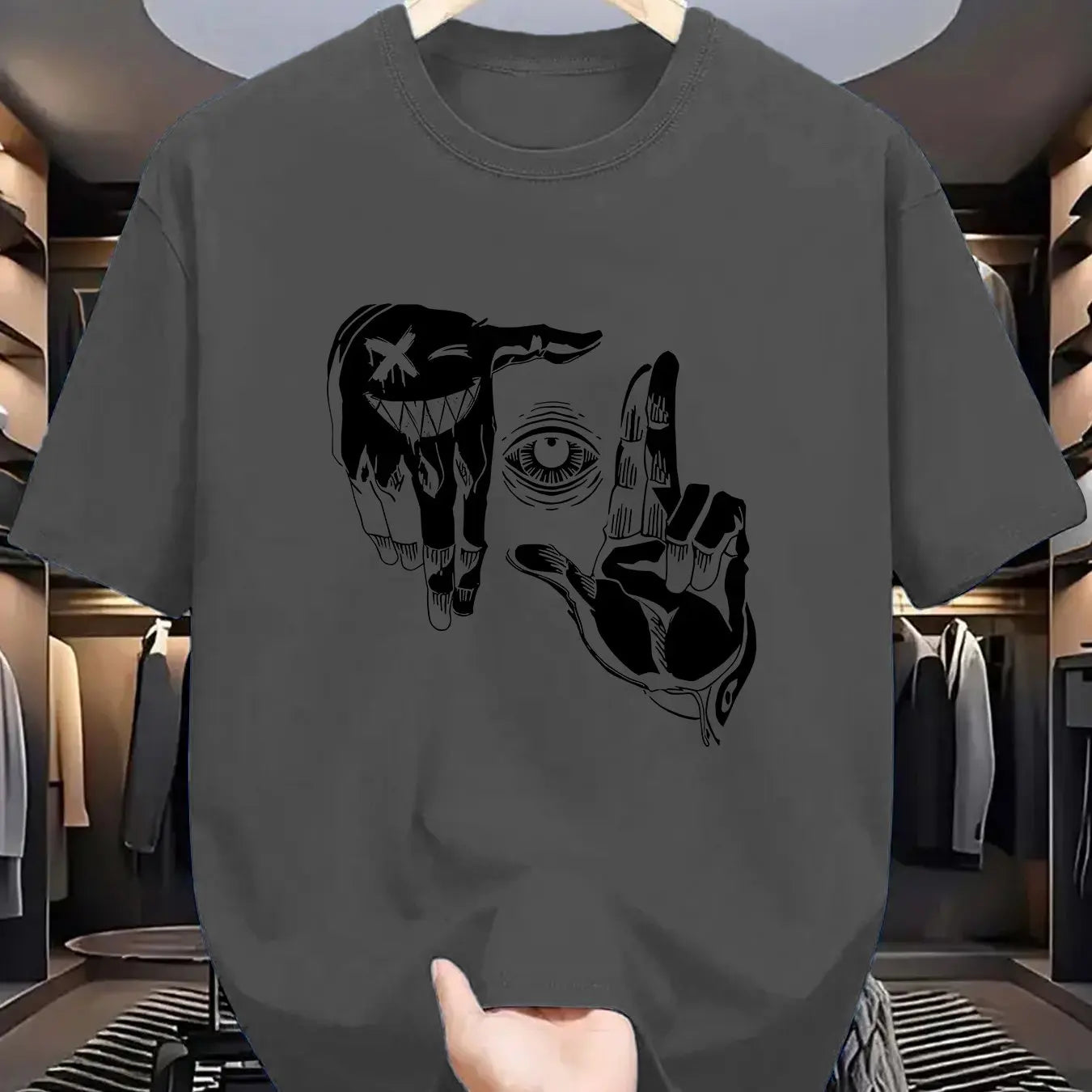r men's 100% pure cotton casual loose plus size gesture eye personalized pattern printed round neck short sleeved T-shirt
