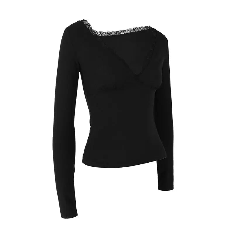 Women's T-shirtBlack Sexy V-Neck Lace T-shirt Streetwear Fashion Long Sleeves Female Versatile Casual Slim Tees Top
