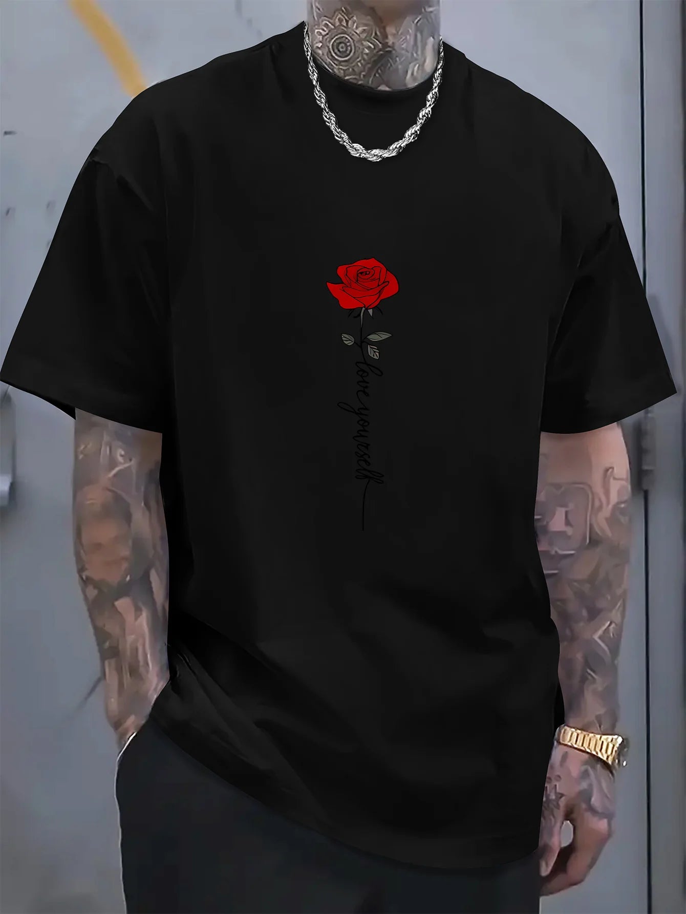 Men'scotton fashionable casual sports loose red rose printed round neck short sleeved T-shirt top