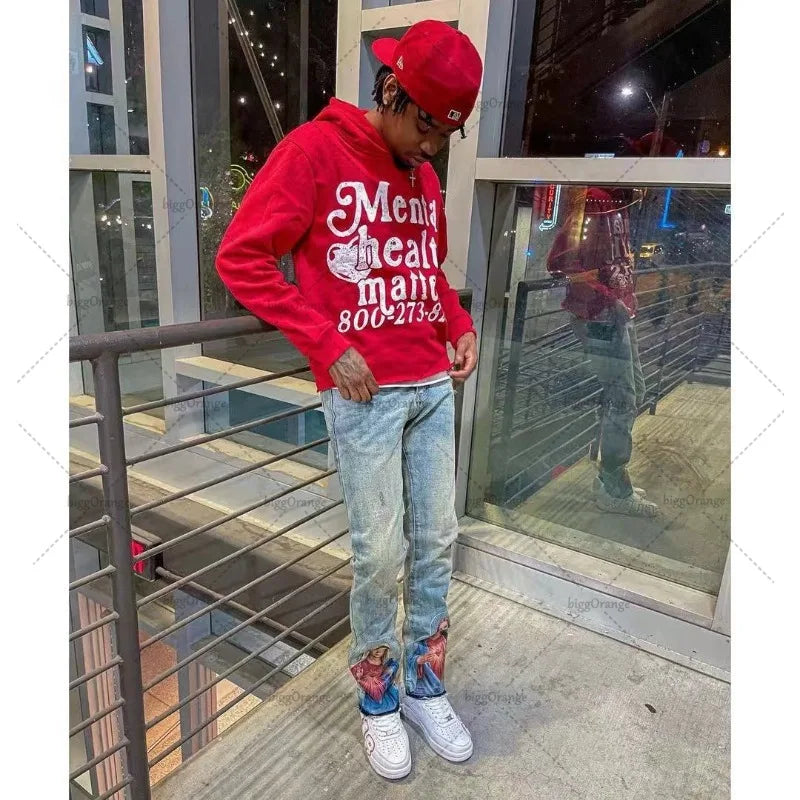 High Street Trendy Streetwear Harajuku Retro Letter Print Colorful Hoodie Men Casual Oversized Sweatshirt Women