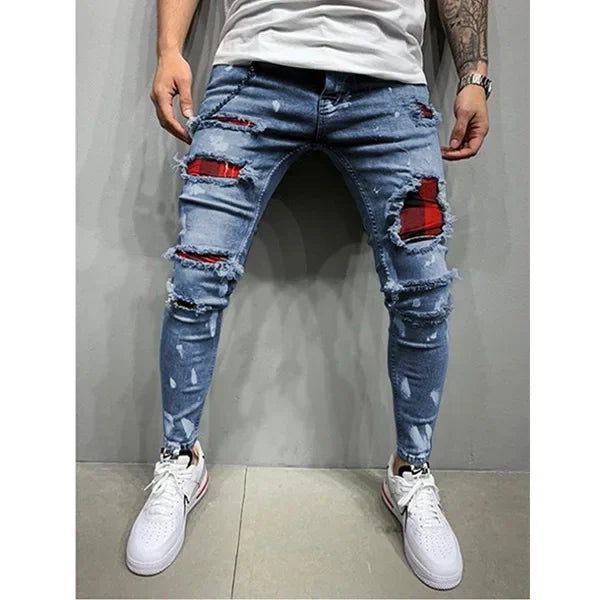 Jeans Pencil Pants Holes Distressed Men Streetwear Denims Mid Waist Slim Fit Washed Denim Ankle Length