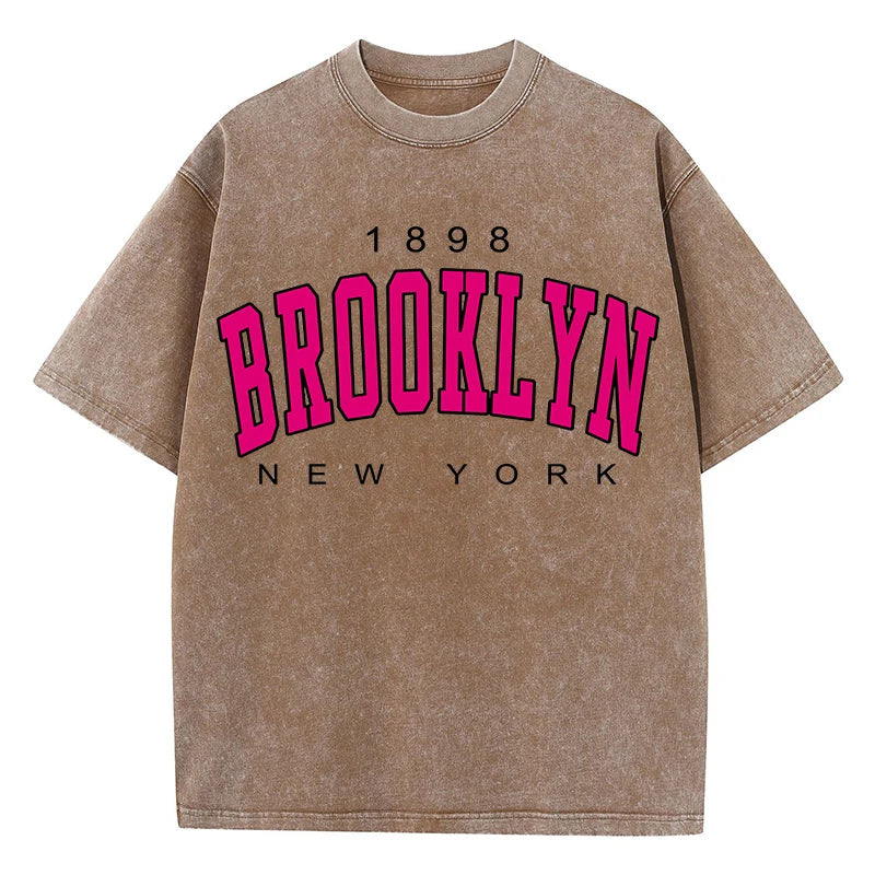 Womans Cotton Washed T-Shirts Fashion Loose O-Neck Short Sleeve Brooklyn New York Printing Tops Female Clothes