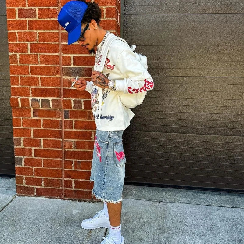 Y2K Graffiti Jorts s Men Women TRhinestone Distressed Printed Denim Shortrend Streetwear Unisex Baggy Short Pants