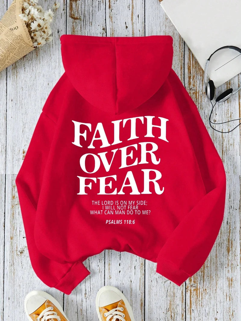 Casual Women's Hoodies Faith Over Fear Letter Printing Sweatshirts Fleece Warm Comfortable Pocket Streetwear
