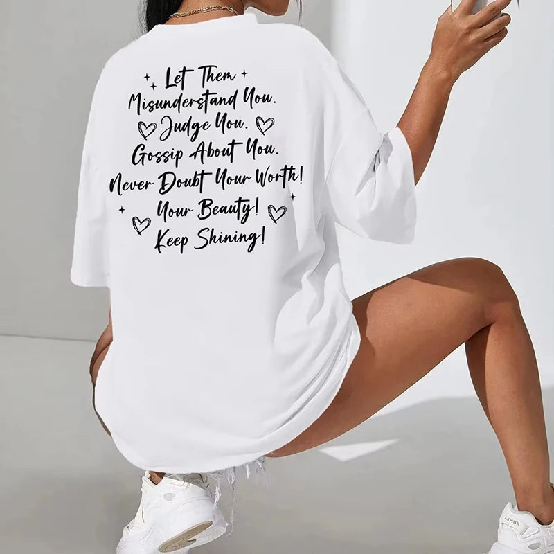 Let Them Misunderstand You Letter Print T-shirts for Women Short Sleeves Crew Neck Graphic T-shirt Oversized T Shirt