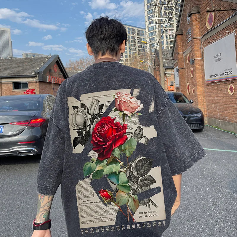 Gothic T-Shirt for Men Vintage Rose Graphic Short Sleeve Tee Tops Street Men Women Clothing