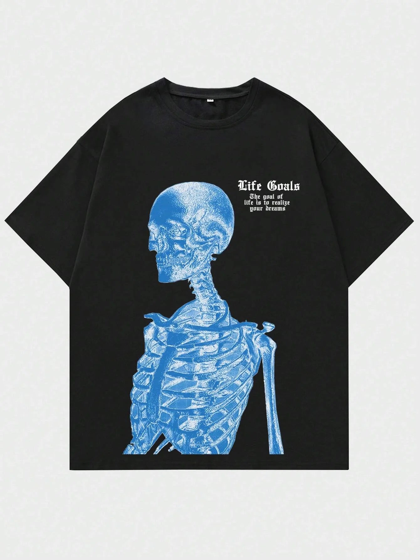 Blue Skeleton Man Life Goals Letter Printing O-Neck Cotton Tops Street Fashion Tees Loose Soft Clothes