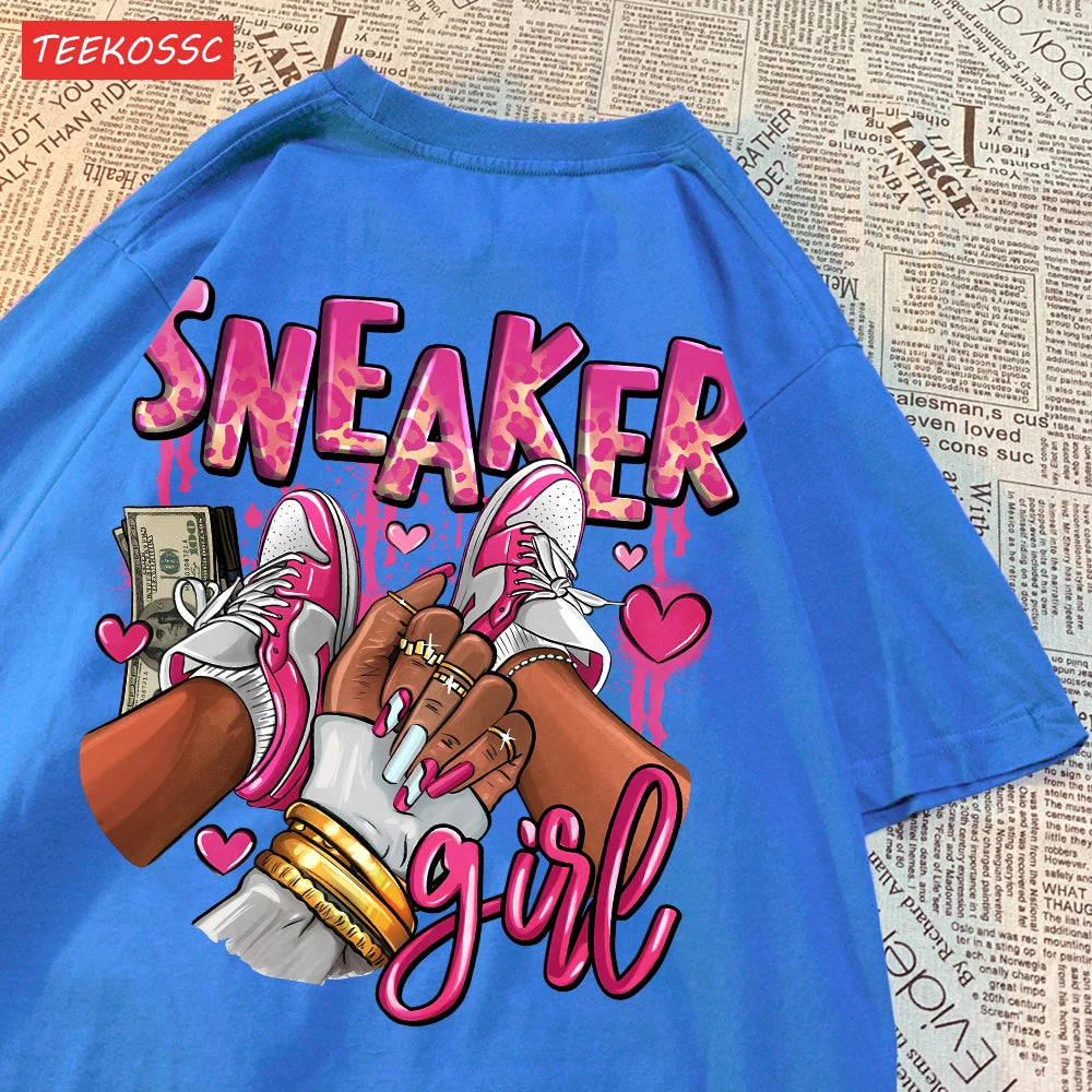 Womens T-Shirts Pink Sneaker Girl Prints Short Sleeve O-Neck Oversize Breathable Fashion Female Clothes