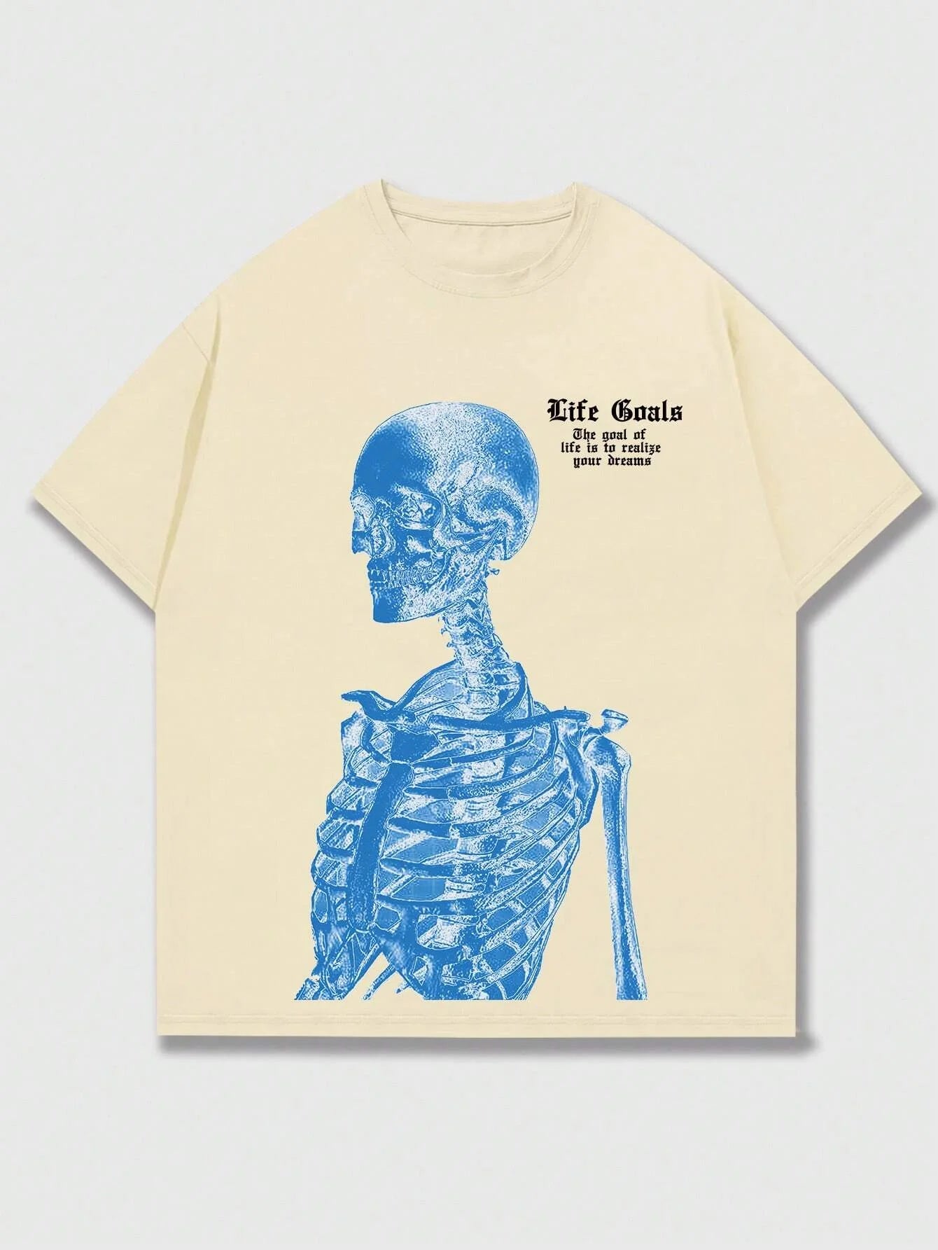 Blue Skeleton Man Life Goals Letter Printing O-Neck Cotton Tops Street Fashion Tees Loose Soft Clothes
