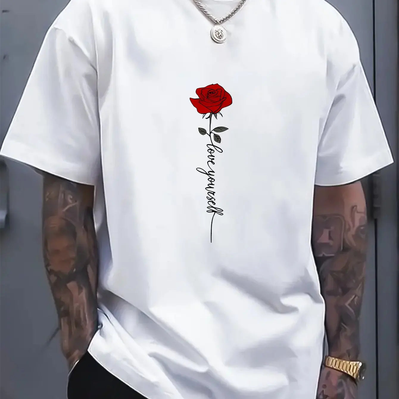 Men'scotton fashionable casual sports loose red rose printed round neck short sleeved T-shirt top