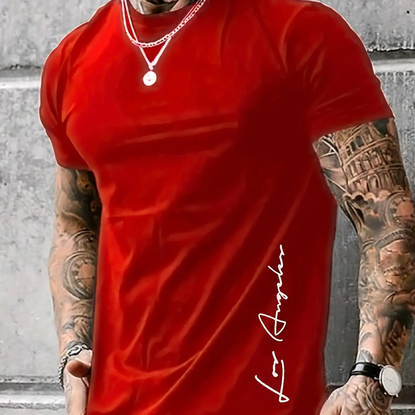 Men's 100 cotton summer loose Contrast Color  los Angelest print slim fit casual round neck short sleeved T-shirt