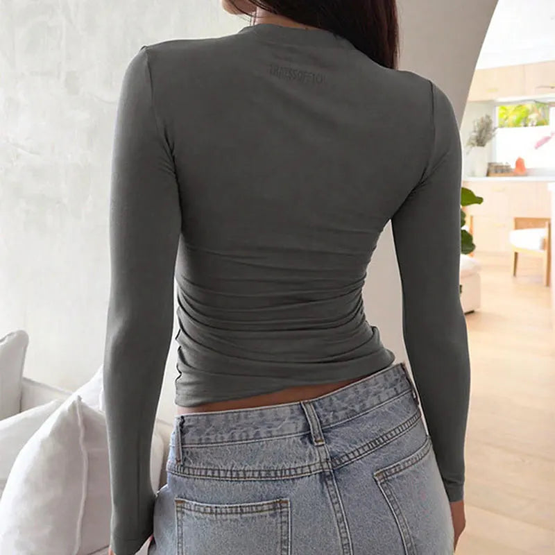 Women Sexy Low Chest Solid Elegant T-shirt Streetwear Fashion Long Sleeves Casual Slim Versatile Female Tees