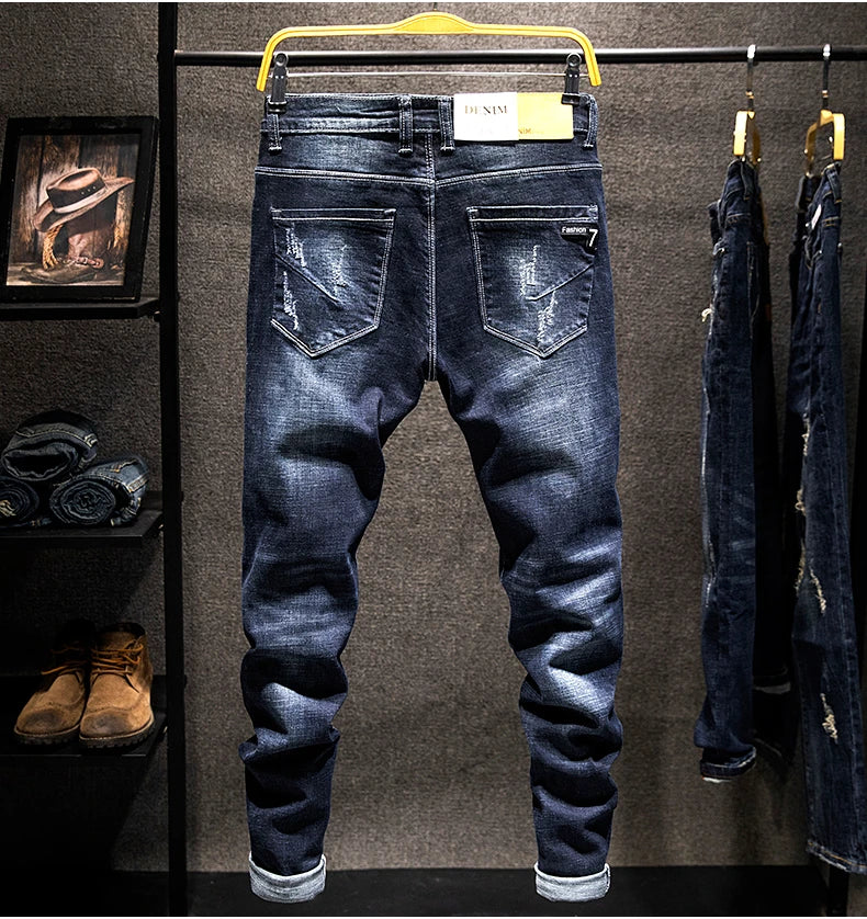 Ripped Jeans Men Slim-fit Denim Pants Fashion Elasticity Versatile Blue Black Men's Clothing