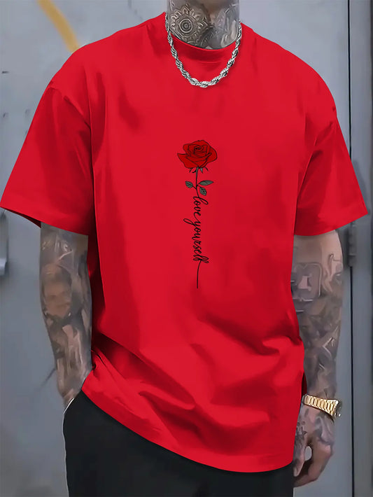 Men'scotton fashionable casual sports loose red rose printed round neck short sleeved T-shirt top