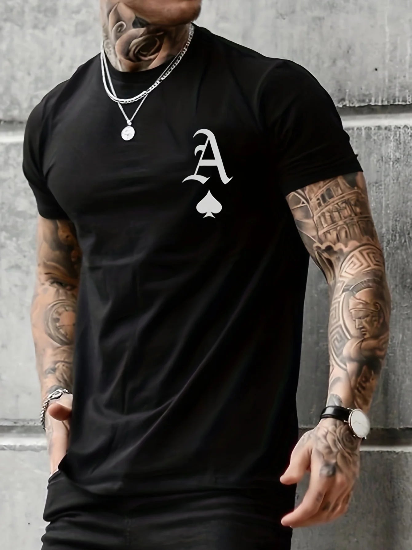 men's 100% cotton casual fit large A letter print round neck short sleeved T-shirt top