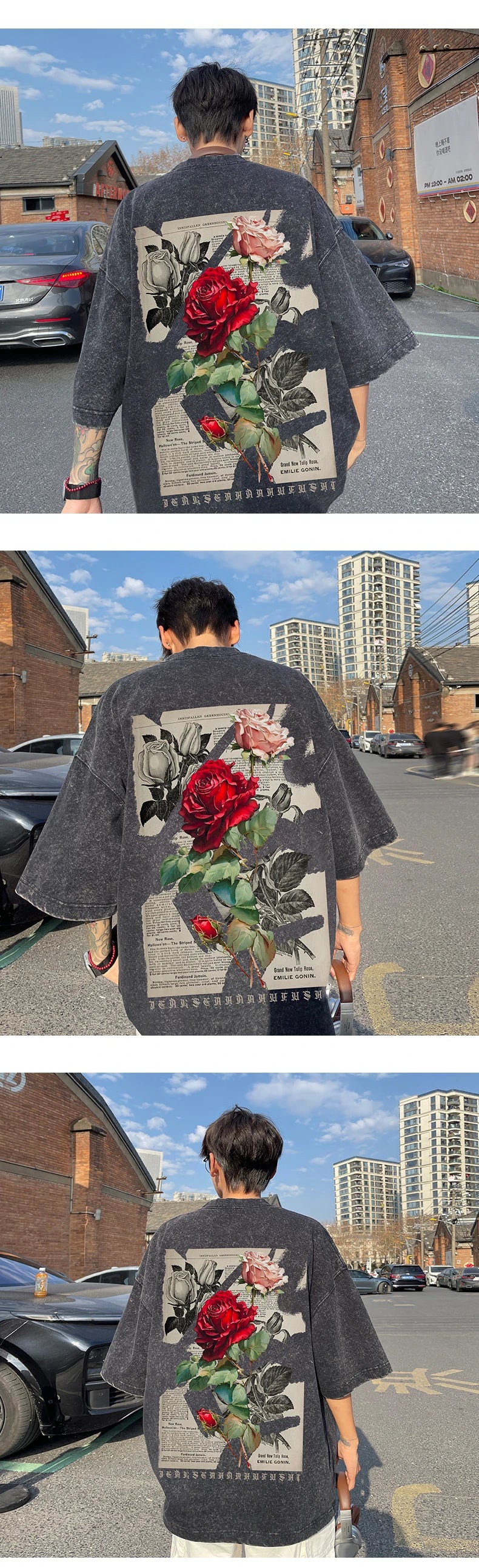 Gothic T-Shirt for Men Vintage Rose Graphic Short Sleeve Tee Tops Street Men Women Clothing