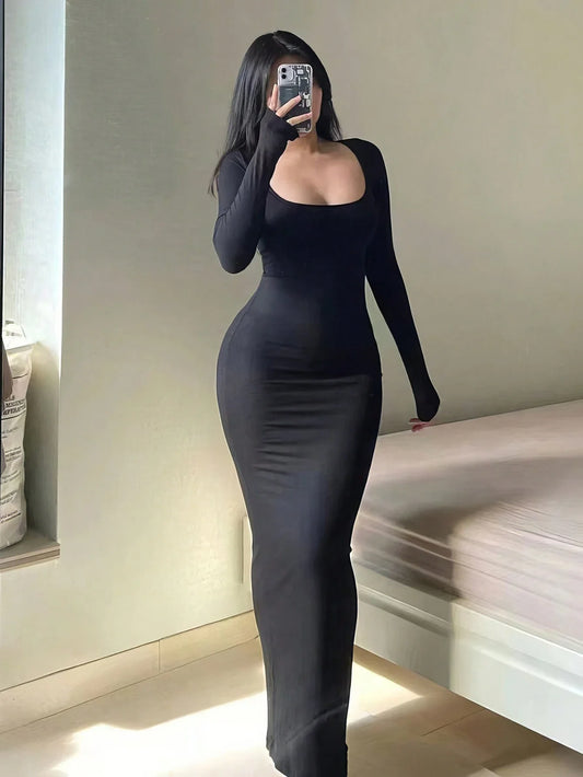 Women's Solid Long Sleeve Dress, Basic Minimalist Causual Fashion Scoop Neck Long Dress, Womenswear