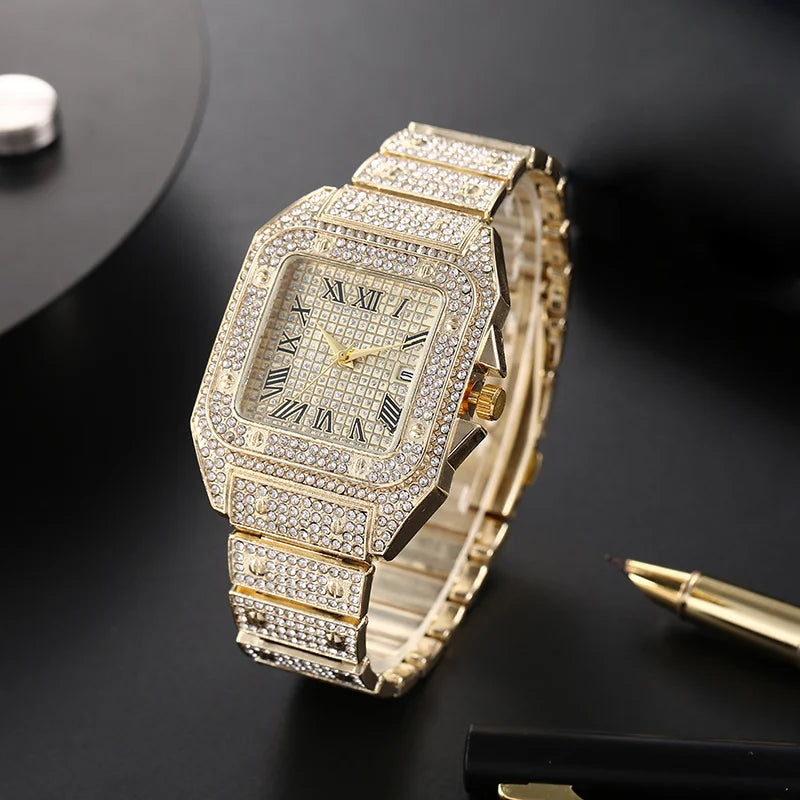 Classic Luxury Business Men's Steel Strap Square Roman Scale Rhinestone Quartz Watch