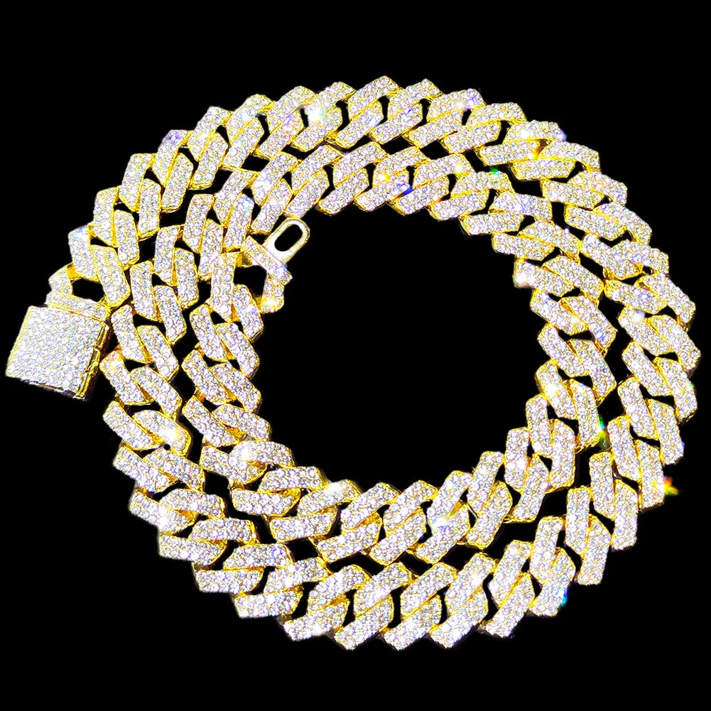 Men Women 14MM Prong Cuban Link Chain Necklace Bling Iced Out 2 Row Rhinestone Cuban Necklace Jewelry