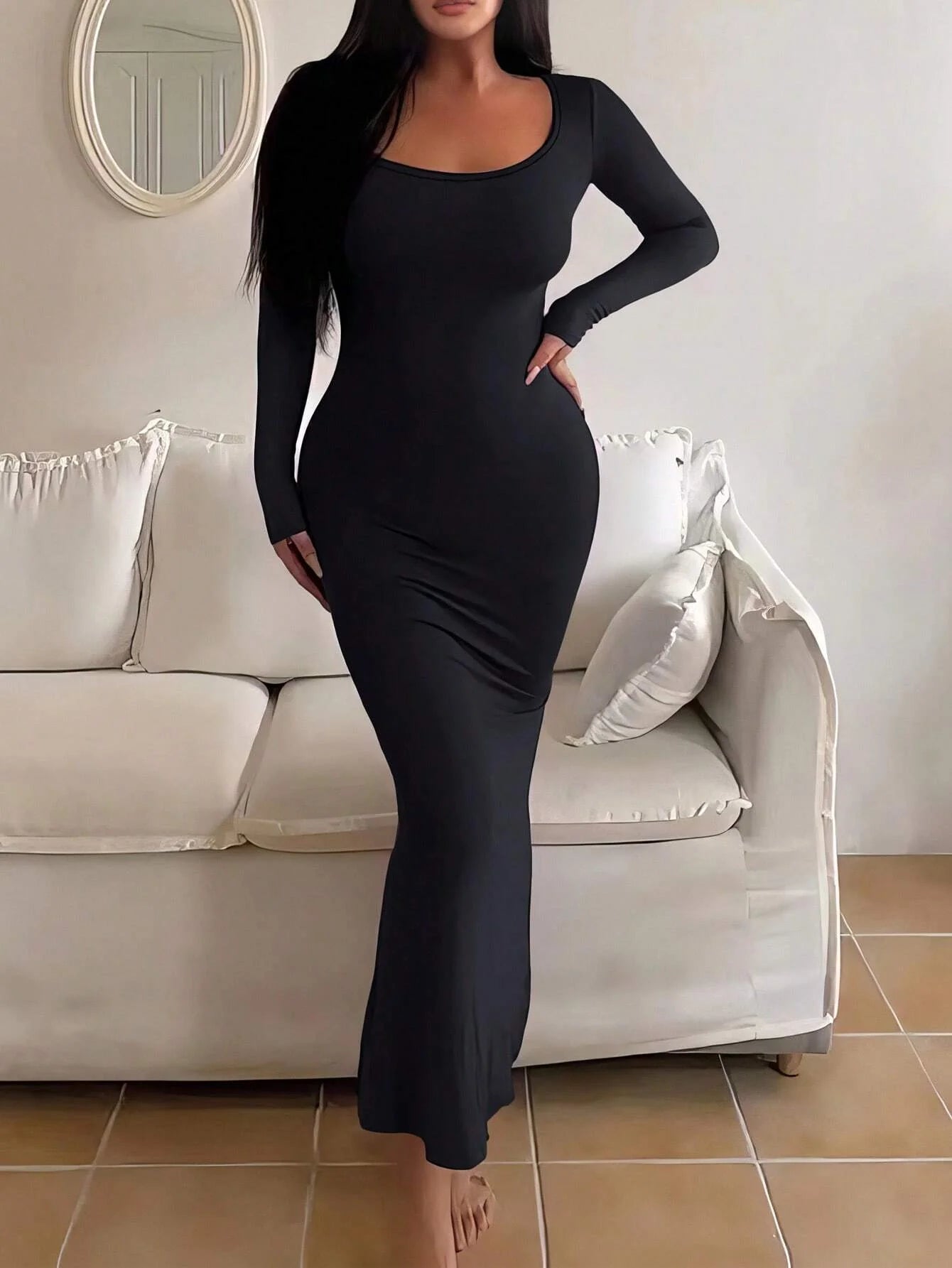 Women's Solid Long Sleeve Dress, Basic Minimalist Causual Fashion Scoop Neck Long Dress, Womenswear